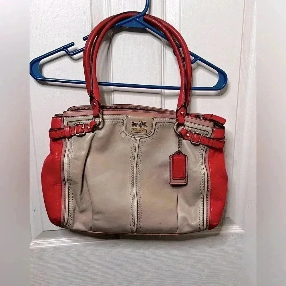 Coach Madison Coral Colorblock Leather Parchment Kara Carryall Tote Bag - Picture 1 of 8
